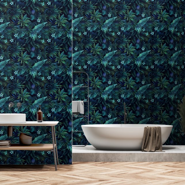 Papier Peint Fleurs bleues Feuilles tropicales (Salle de bain)