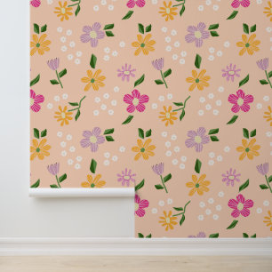 Papier Peint Fleurs colorées jouées sur rose
