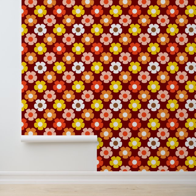 Papier Peint Fleurs d'automne rétro Motif Rouge (Application)