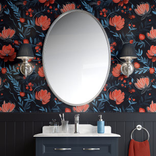 Papier Peint Fleurs de baies de minuit - Noir, Rouge et Bleu