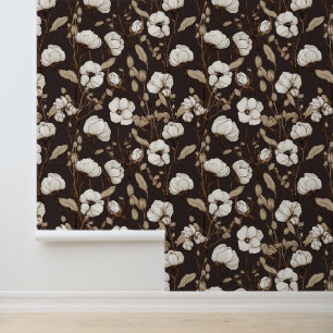 Papier Peint Fleurs de coton Vintage Brown chic