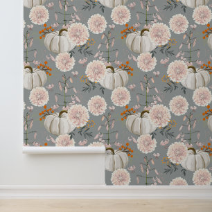 Papier Peint fleurs de dahlia beige blanc, herbes et citrouille