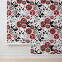Fleurs de gribouillis et feuilles en rouge et noir