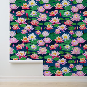 Papier Peint Fleurs de lotus blanc rose et feuilles vertes de n