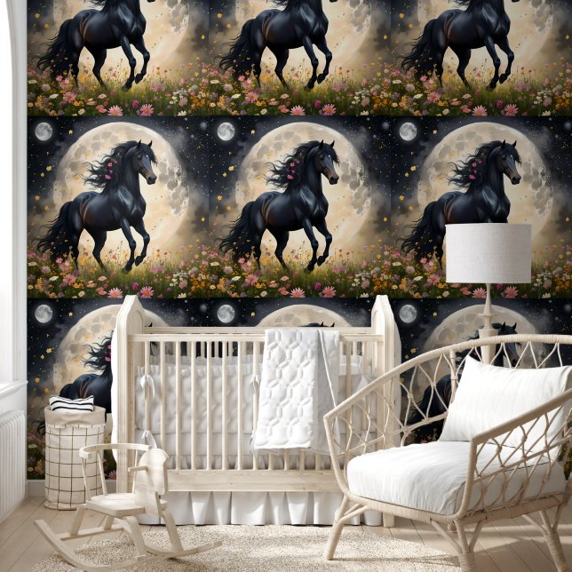 Papier Peint Fleurs de lune de cheval noir, (Enfants)