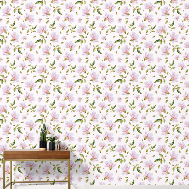 Papier Peint Fleurs de Magnolia rose Aquarelle (Couloir)