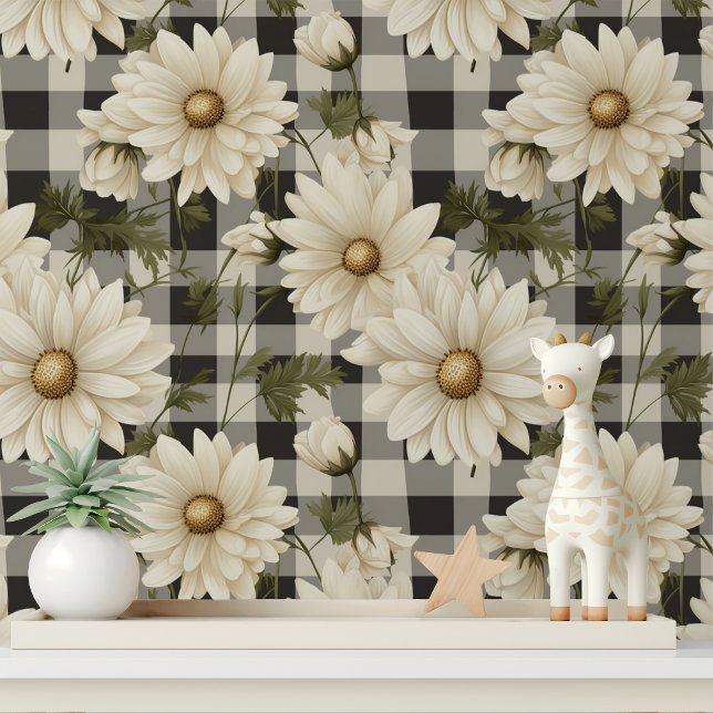 Papier Peint Fleurs de marguerite gris blanc Plaid Motif (Créateur téléchargé)
