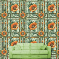 Fleurs de pavot Art Nouveau Orange Vert Floral