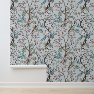 Papier Peint Fleurs de pivoine en chinoiserie, arbres et oiseau