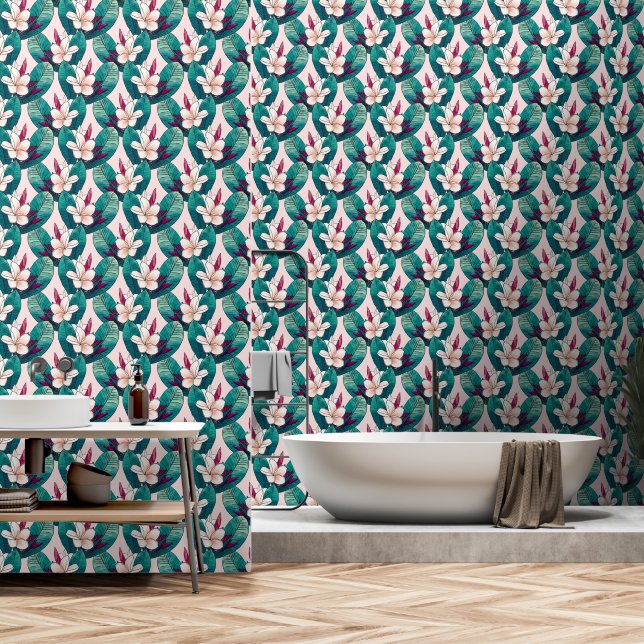 Papier Peint Fleurs de Plumeria Tropical Green Foliage tendance (Salle de bain)