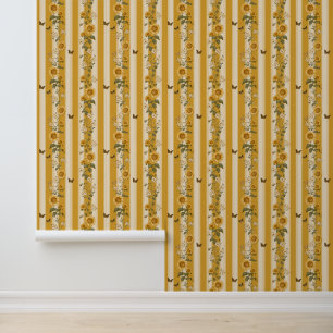 Papier Peint Fleurs de soleil et papillons sur bandes jaunes (2