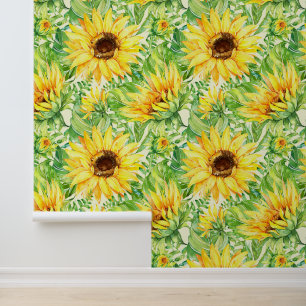 Papier Peint Fleurs de soleil Grand floral sur crème