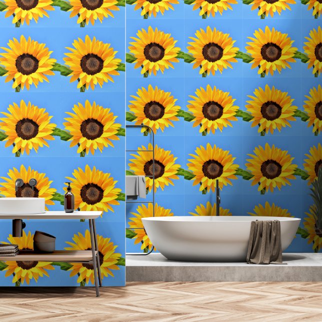 Papier Peint Fleurs de soleil jaunes sur le ciel bleu (Salle de bain)