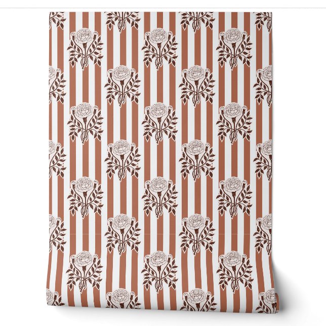 Papier Peint fleurs de souci au café motif rayé (Déroulement)