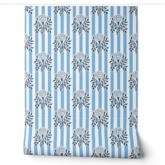 Papier Peint fleurs de souci bleu motif à rayures