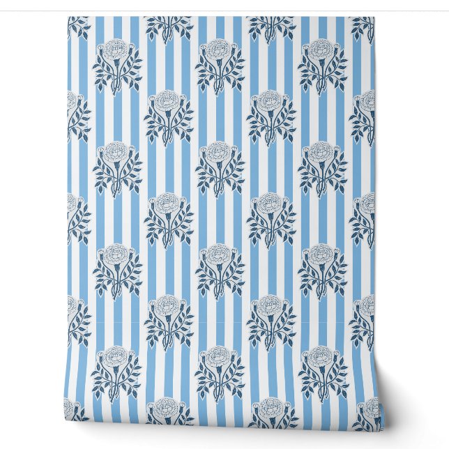 Papier Peint fleurs de souci bleu motif à rayures (Déroulement)