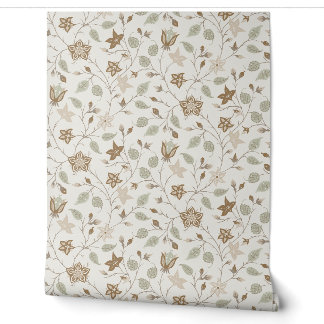 Papier Peint Fleurs de Traîne - Paisley - Beige et Vert Sauge