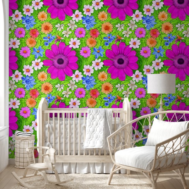 Papier Peint Fleurs d'été vives en violet et vert (Enfants)