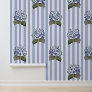 Papier Peint Fleurs d'hortensia bleues vintage à rayures bleues