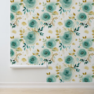 Papier Peint Fleurs d'or vert blanc