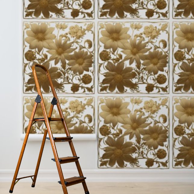 Papier Peint Fleurs dorées à décoller et coller sur fond blanc (Peel and stick gold flowers on white background wallpaper)