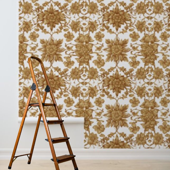 Papier Peint Fleurs dorées à décoller et coller sur fond blanc (Peel and stick gold flowers on white background wallpaper)