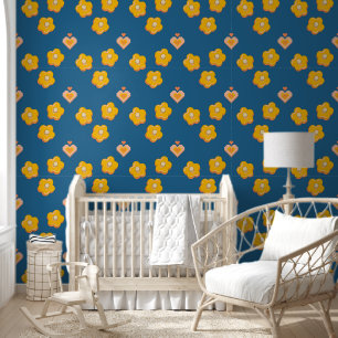 Papier Peint Fleurs et cœurs floraux bleus jaunes mignons pour 