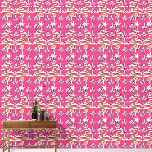 Papier Peint Fleurs et Étoiles Zig Zag Rose (Couloir)