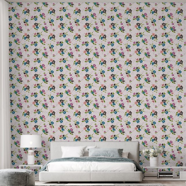 Papier Peint Fleurs et points colorés mignons (Chambre à coucher)