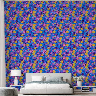 Papier Peint Fleurs fantaisie sur bleu