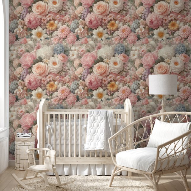Papier Peint Fleurs Florales Rose Pastel Chic Décontracté (Enfants)