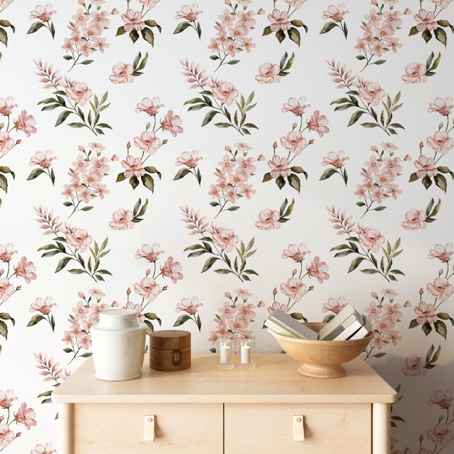 Papier Peint Fleurs florales roses Aquarelle Jardin botanique (Pink Floral Blossoms Watercolor Botanical Garden Wallpaper)