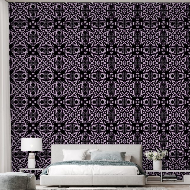 Papier Peint Fleurs Géométriques Noir Et Rose (Chambre à coucher)
