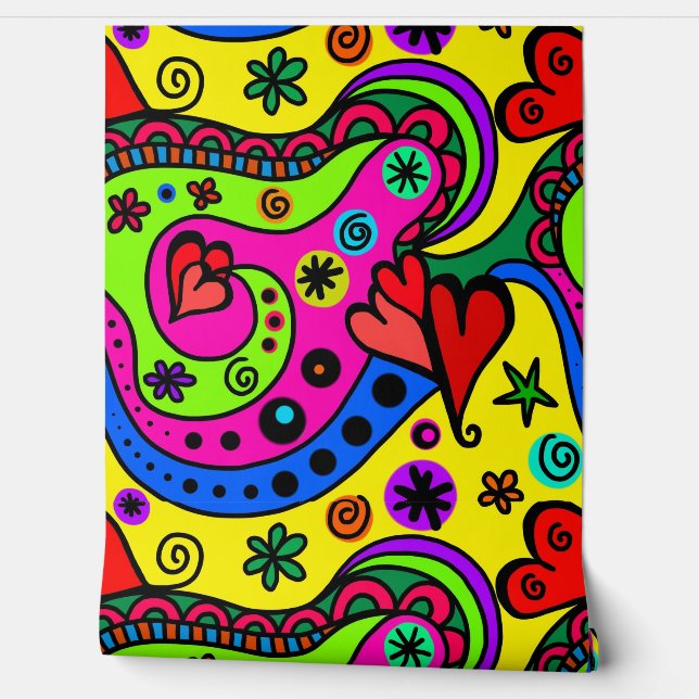 Papier Peint FLEURS HIPPIE RETRO sans soudure (Déroulement)