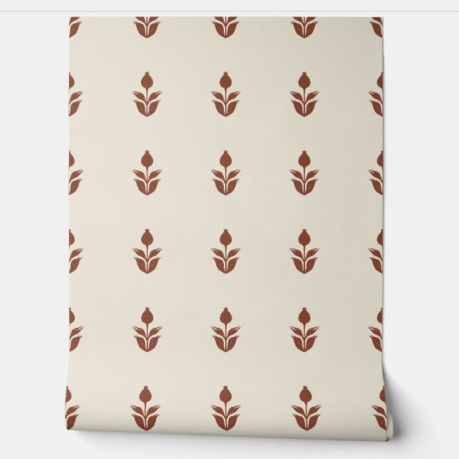Papier Peint Fleurs Imprimées Simples en Bloc - Beige et Rouge  (Déroulement)