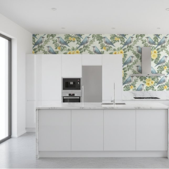 Papier Peint Fleurs jaunes et oiseaux bleus  (Créateur téléchargé)