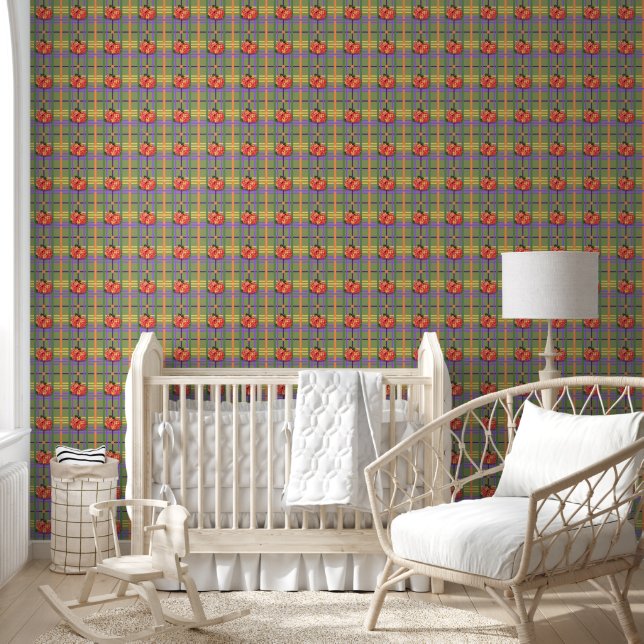 Papier Peint Fleurs orange sur Plaid vert mousse (Enfants)