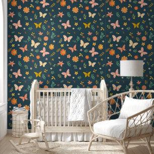Papier Peint Fleurs Papillons Caprice Fond Sarcelle Floral