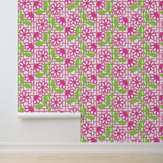 Papier Peint Fleurs rose vif et vert citron sur treillis de bam