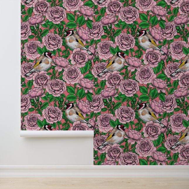 Papier Peint Fleurs roses roses et oiseaux dorés (Application)