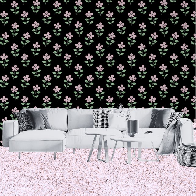 Papier Peint Fleurs roses traditionnelles Motif Floral noir (Living Room)
