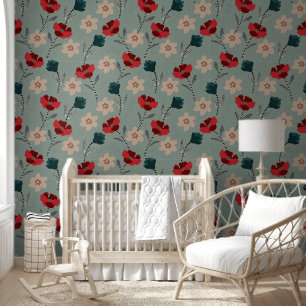 Papier Peint Fleurs rouges et vertes Abstraites sur gris