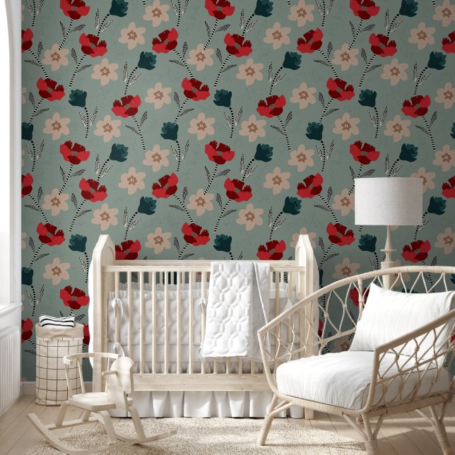 Papier Peint Fleurs rouges et vertes Abstraites sur gris (Enfants)