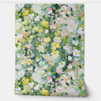 Papier Peint Fleurs sauvages jaunes et blancs sur vert