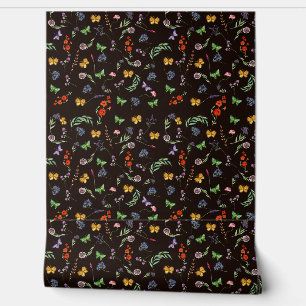 Papier Peint Fleurs sauvages romantiques et papillons noirs