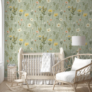 Papier Peint Fleurs sauvages vert sauge marguerites floral bota