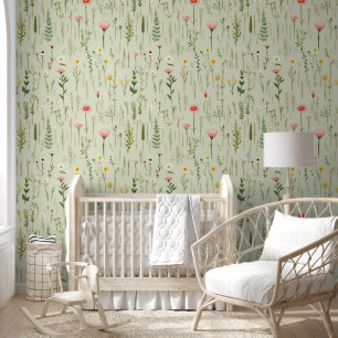 Papier Peint Fleurs sauvages vert tendre Botanique florale Blan