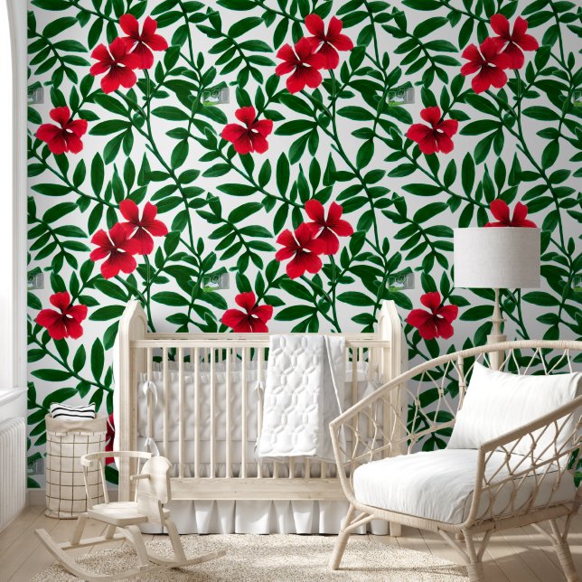 Papier Peint Fleurs tropicales hawaïennes rouge vert côtier chi (Enfants)