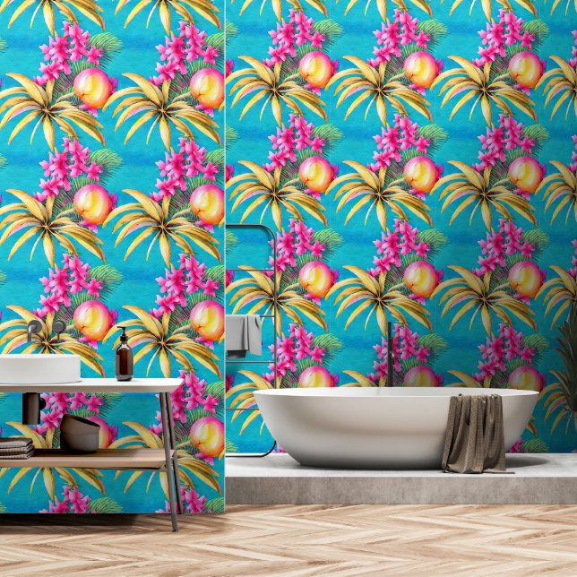 Papier Peint Fleurs tropicales île de fruits bleu motif côtier (Salle de bain)