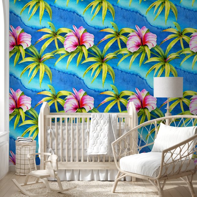 Papier Peint Fleurs tropicales île feuille mer turquoise côte (Enfants)